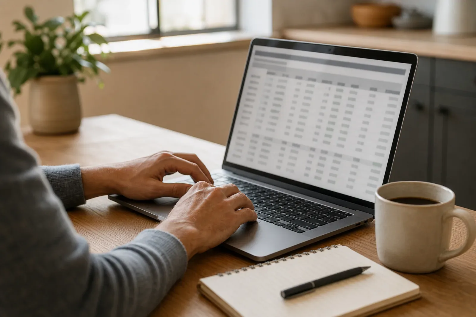A person reviewing spreadsheet data on a laptop at a wooden table with a notebook and coffee.